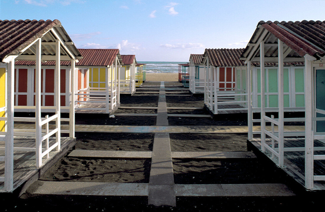 Cbins for summer sea bathing. Ostia. Italy