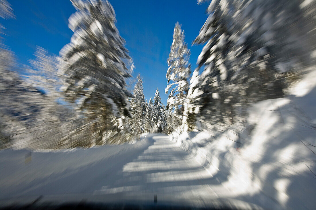 Driving on winterly street, Upper Bavaria, Bavaria, Germany