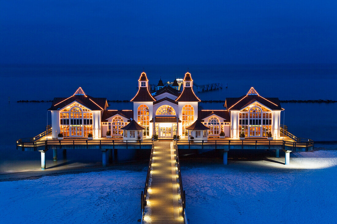 Illuminated pier, Sellin, Rugen Island, Mecklenburg-Western Pomerania, Germany