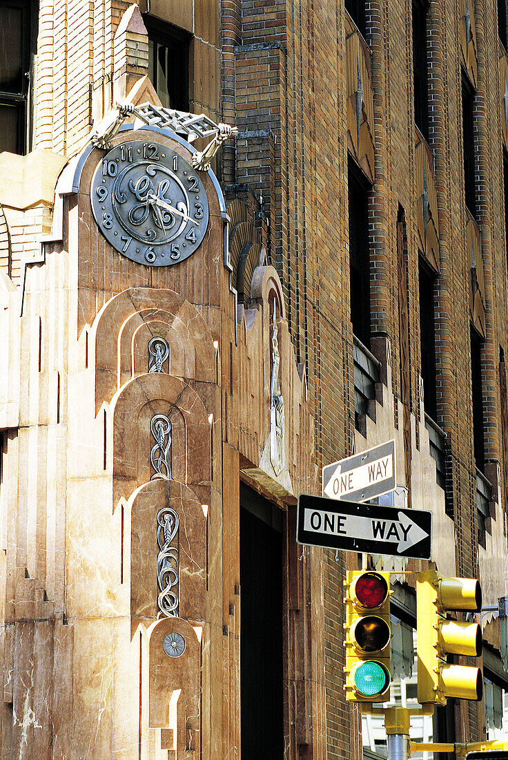 USA. NY, Manhattan. Clock of Art Deco, historic General Electric building