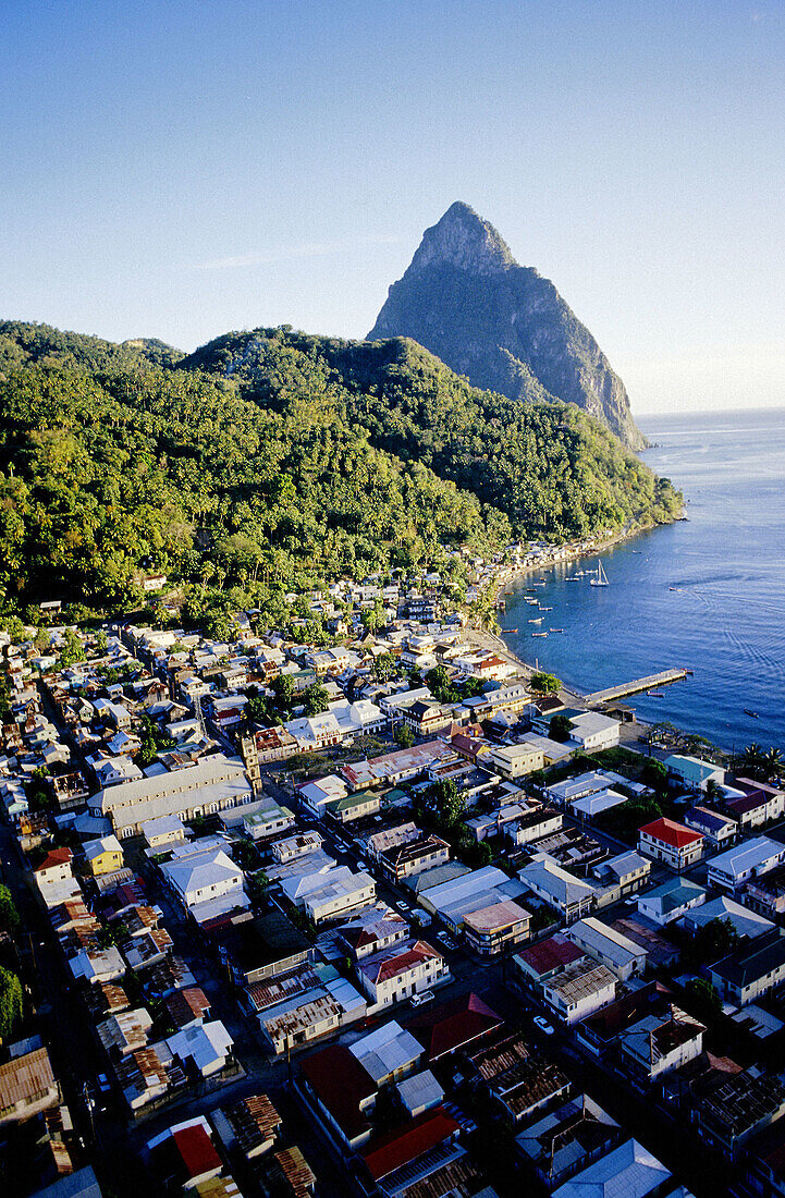 Aerial view of The Pitons from the northeast. Soufriere. Santa Lucia. West Indies. Caribbean