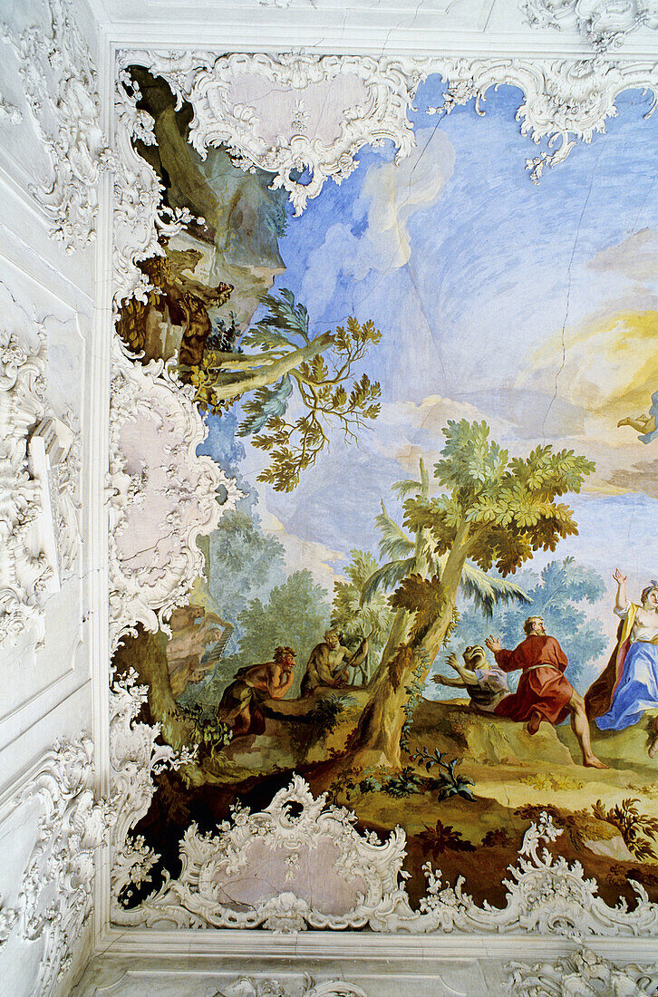 Ceiling painting by Zimmerman. Nympenburg castle and park. Munich (Munchen). Bavaria. Germany