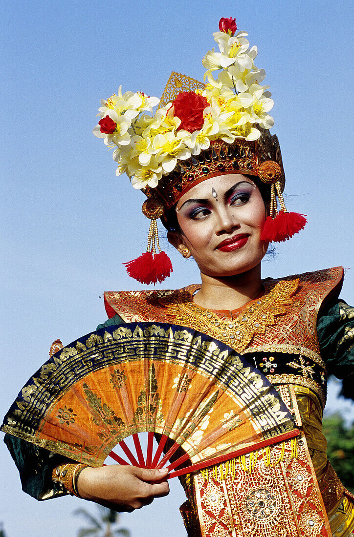 Young female LeGong dancer in a temple. Bali island. Indonesia (Model released)