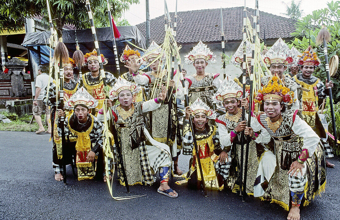 Baris dancers at an hinduist religious ceremony (odalan) in the Celuk Temple. Bali island. Indonesia