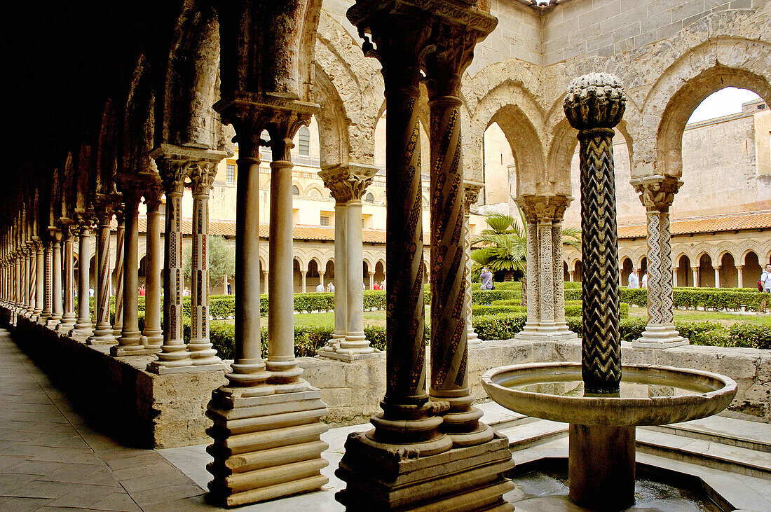 The arabo-norman cathedral and benedictine cloister in Monreale near Palermo, main city of Sicily. Italy