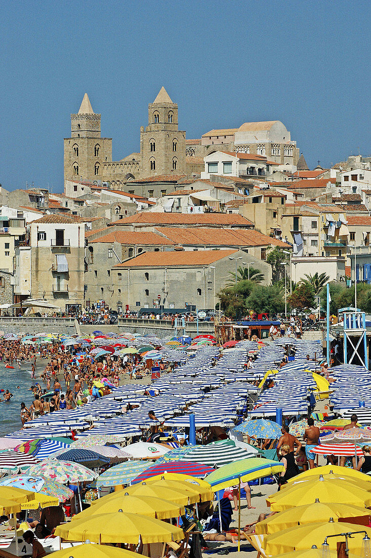 Crowded beach. Cefalu. Sicily. Italy