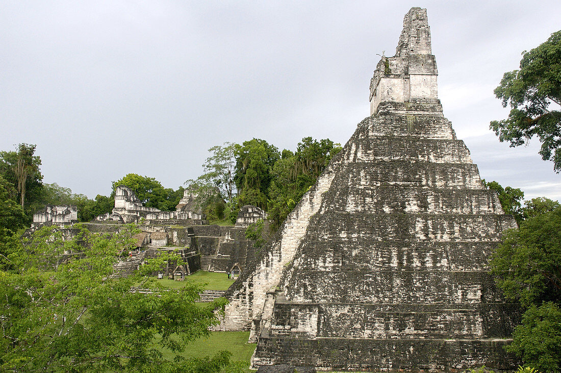Pyramid of Jaguar temple on Plaza Mayor. Maya archeological site of Tikal, Guatemala