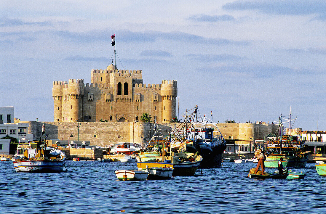 The Alexandria bay with Quaitbay fortress at back. Alexandria. Egypt