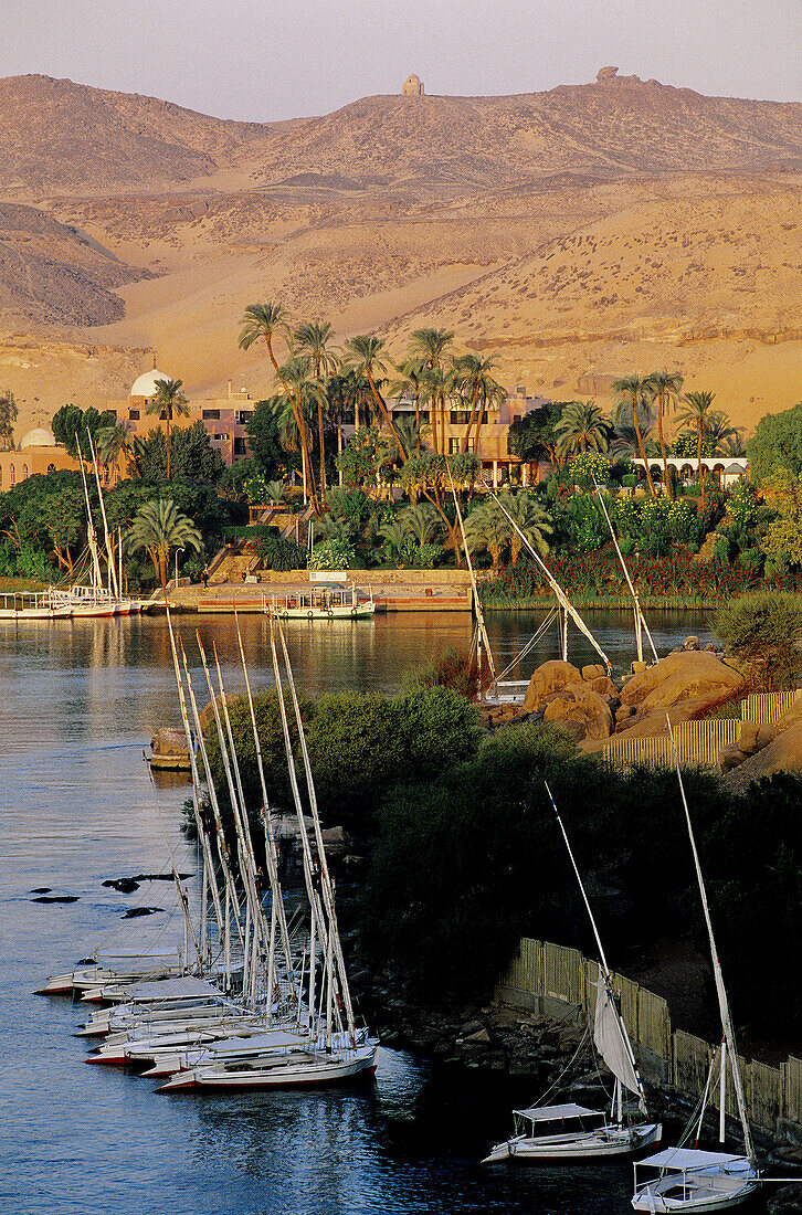 View from Old Cataract Hotel at sunrise. Aswan. Nubia. Egypt