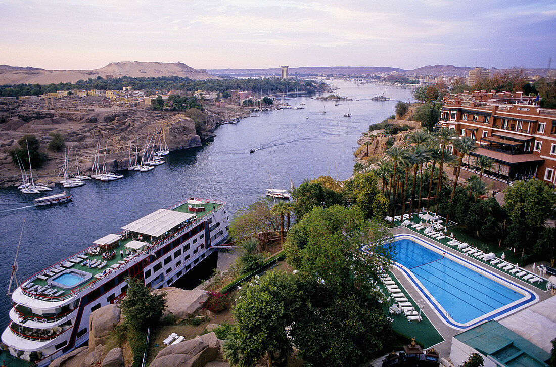 Elevated view of Old Cataract Hotel. Aswan. Nubia. Egypt
