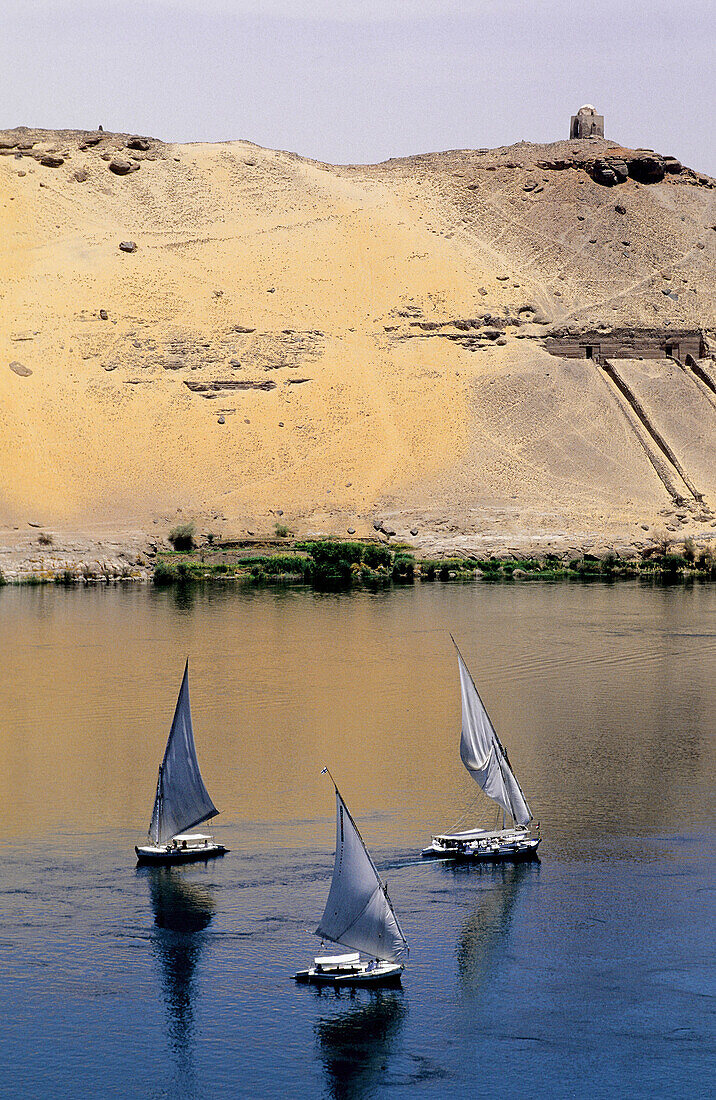 Aswan. Feluccas on river Nile. Nubia. Egypt