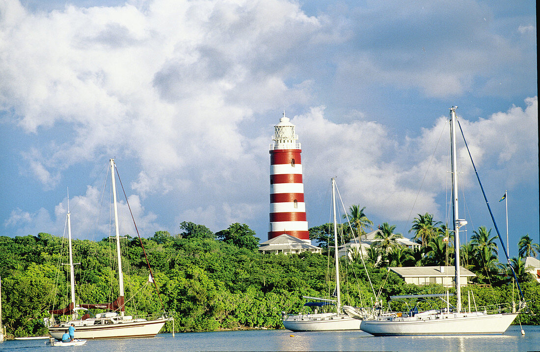 Hope Town lighthouse and harbour, Abaco islands. Bahamas, Caribbean