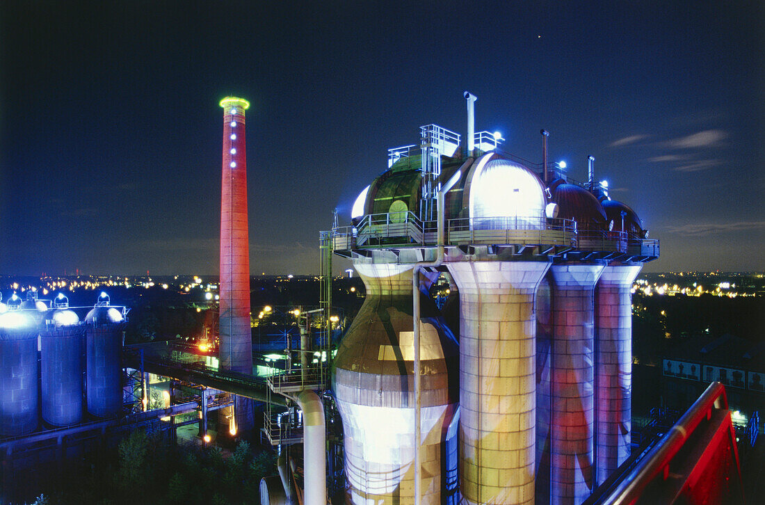 Meiderich steelworks at night, Public Park, Landschaftspark Nord, Duisburg, Ruhr Valley, Ruhrtal, Northrhine Westphalia, Germany