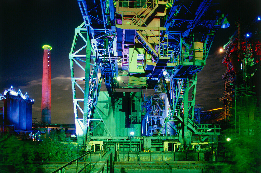 Meiderich steelworks at night, Public Park, Landschaftspark Nord, Duisburg, Ruhr Valley, Ruhrtal, Northrhine Westphalia, Germany