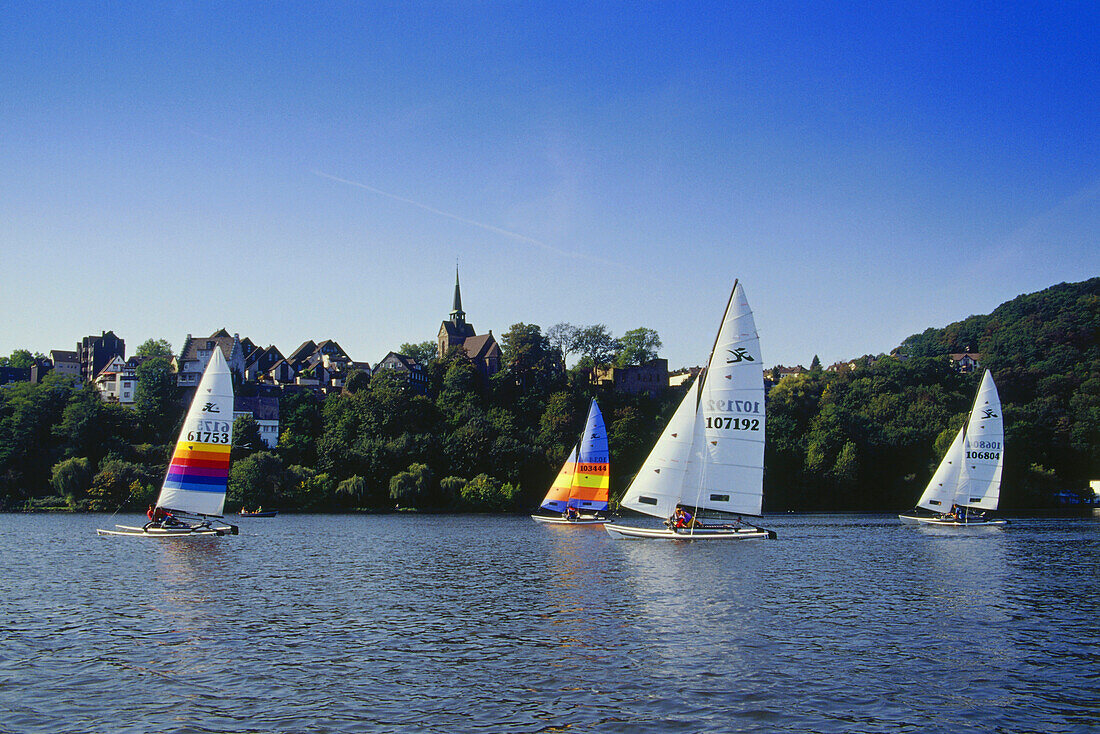 Sailing boats on a lake, Harkortsee, Wetter, Ruhr Valley, Ruhr, Northrhine, Westphalia, Germany