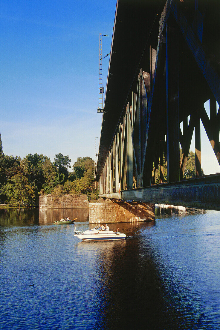 Railway bridge over river Ruhr, Essen, North Rhine-Westphalia, Germany