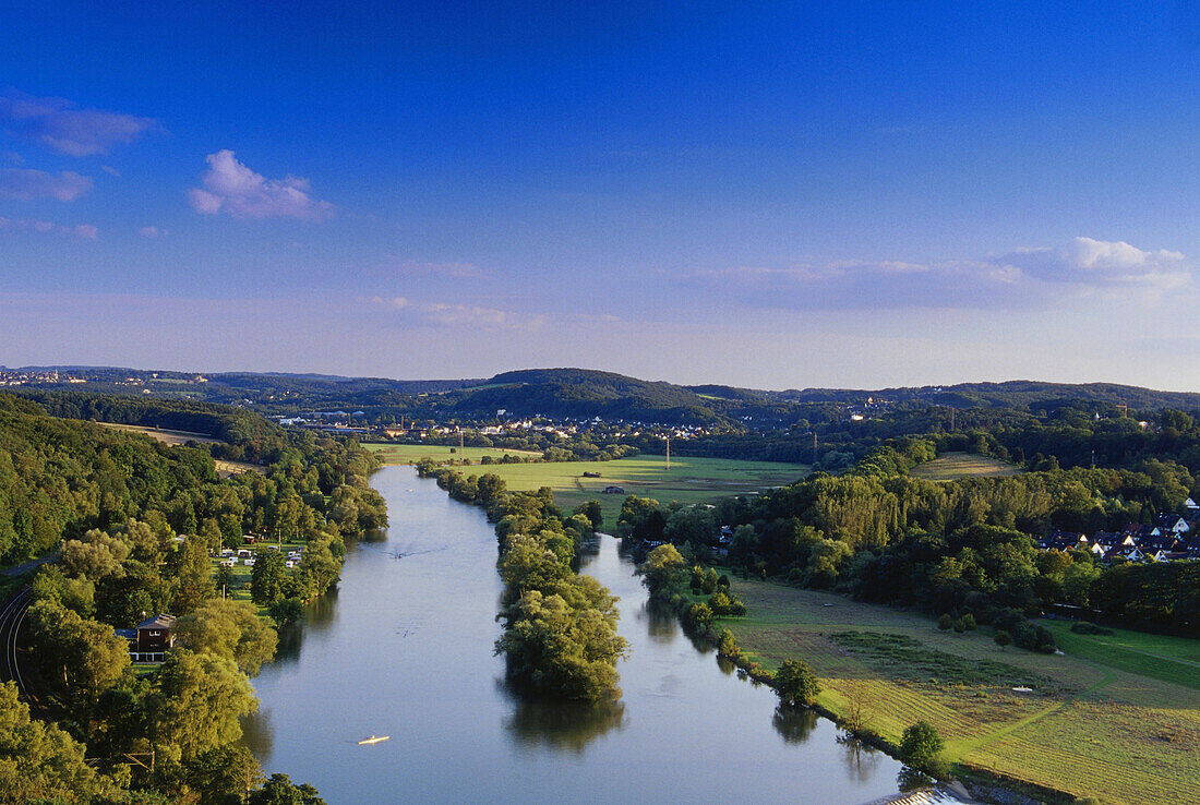 View from mount Hohenstein to river Ruhr, Witten, North Rhine-Westphalia, Germany