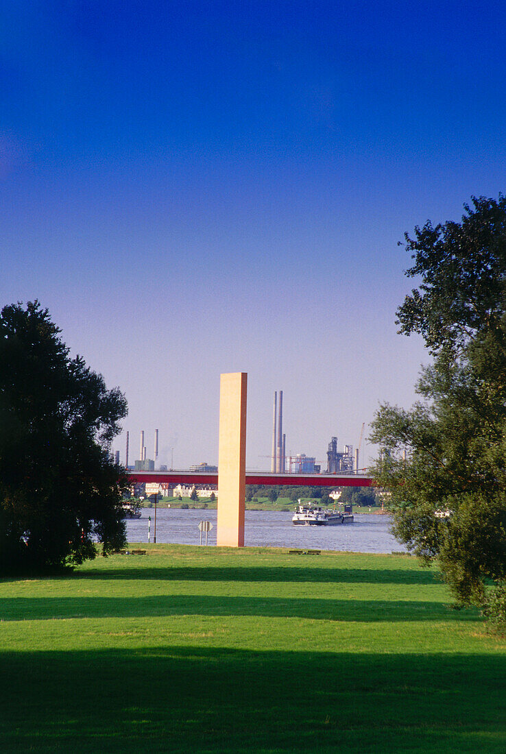 Steel sculpture Rheinorange, river Ruhr mouth, Duisburg, North Rhine-Westphalia, Germany