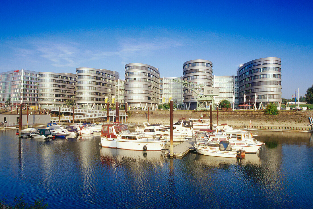 Office buildings Five Boats, marina in foreground, basin, Duisburg, North Rhine-Westphalia, Germany