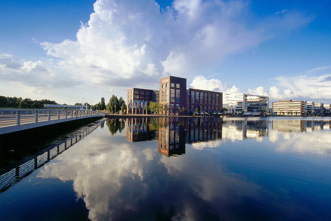 Office buildings at basin, Duisburg, North Rhine-Westphalia, Germany