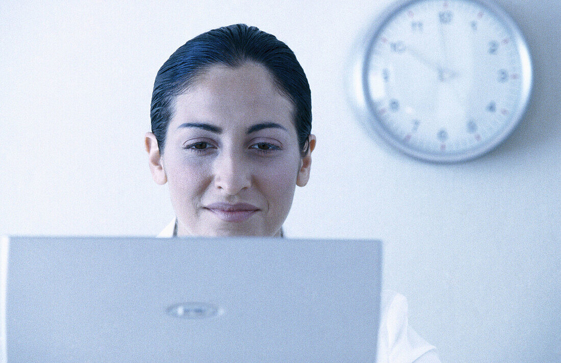 s, Business, Clock, Clocks, Color, Colour, Computer, Computers, Contemporary, Face, Faces, Facial expression, Facial expressions, Female, Grin, Grinning, Horizontal, Human, Indoor, Indoors, Inside, In