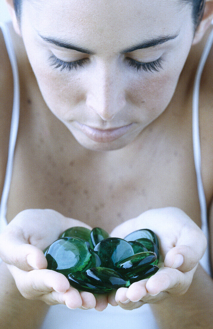 ark-haired, Female, Green, Hand, Hands, Hold, Holding, Human, Indoor, Indoors, Inside, Interior, One