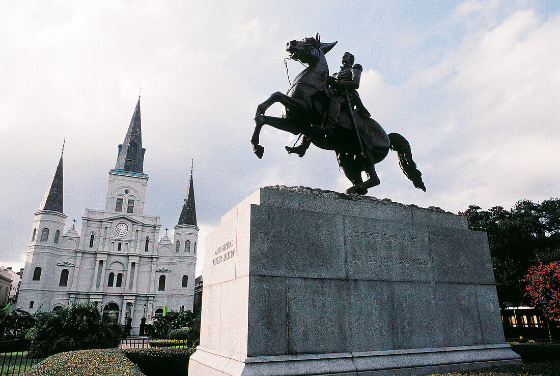 St. Louis Cathedral and General Jackson statue. New Orleans. Louisiana. USA