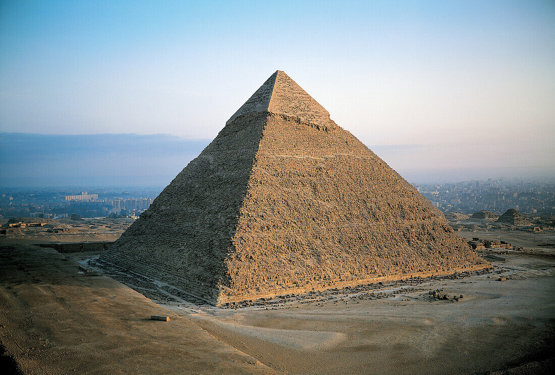 Elevated view of the Chephren Pyramid. View from top of Mykerinos pyramid at sunrise. Gizeh. Egypt