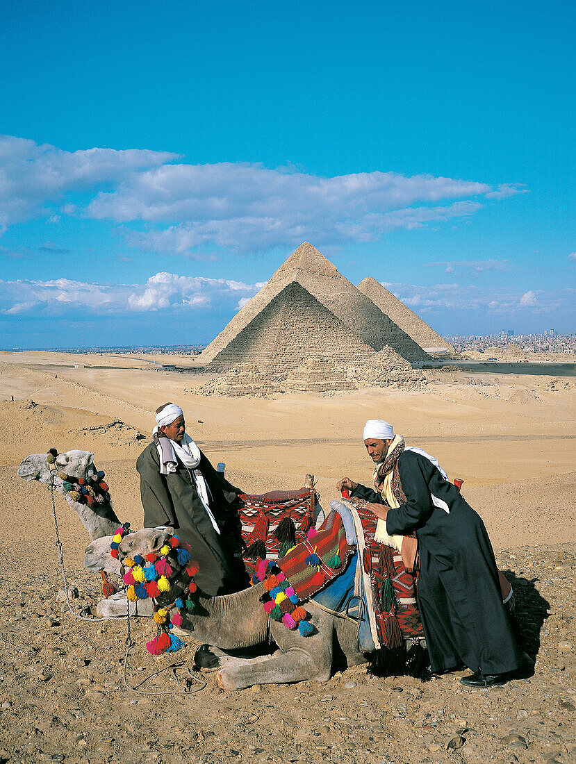 Camel riders. Pyramids of Gizeh. Egypt