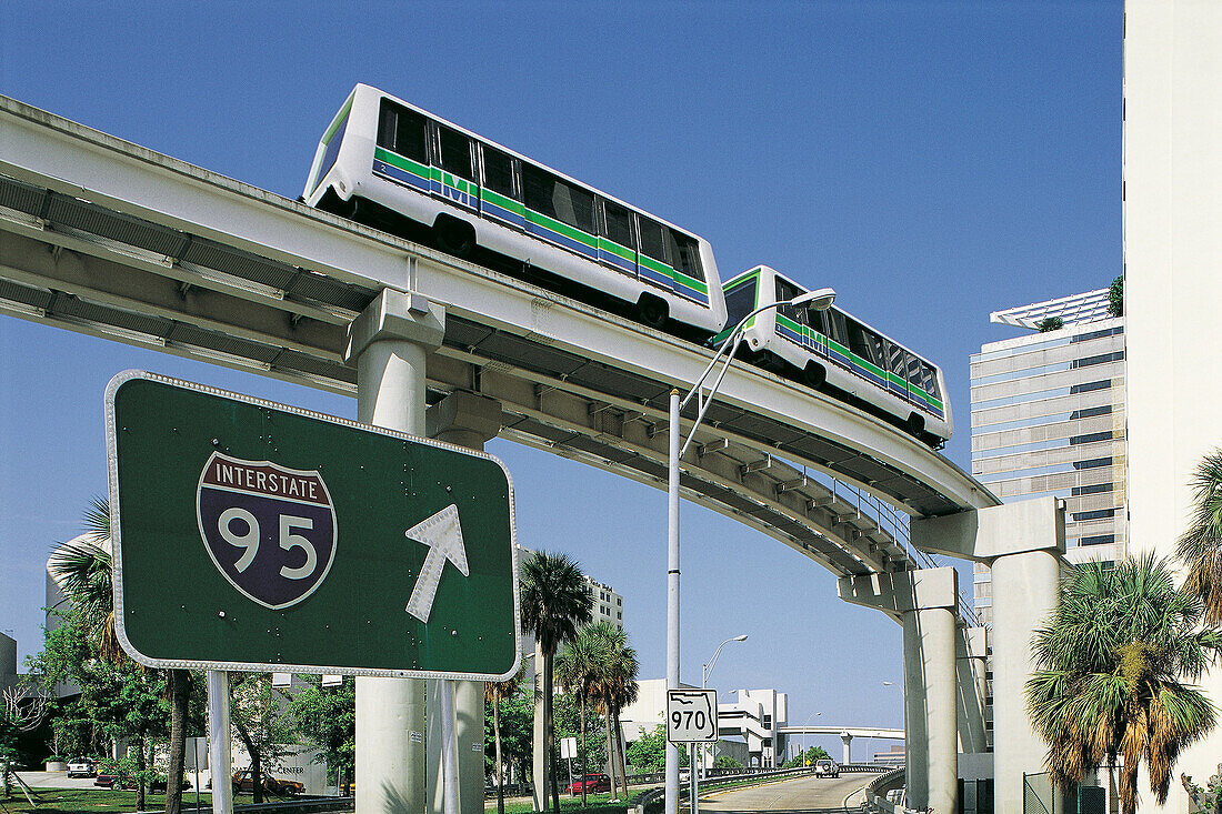 Miami metrorail and interstate 95 sign. Florida. USA