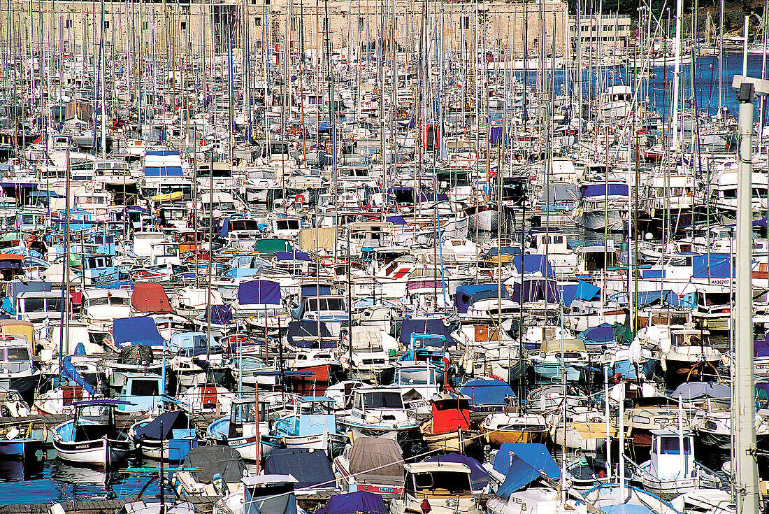 Sailing boats at quays, Vieux-port, Marseille, France