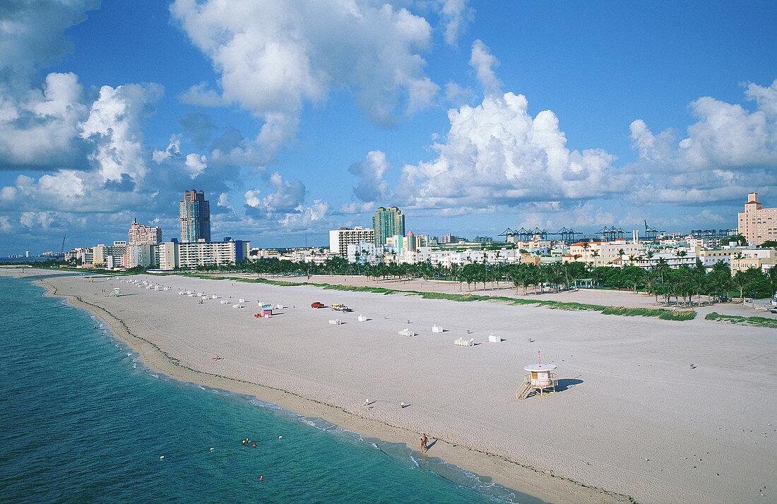 Aerial of the beach & sea-front, Miami Beach, Fl, USA