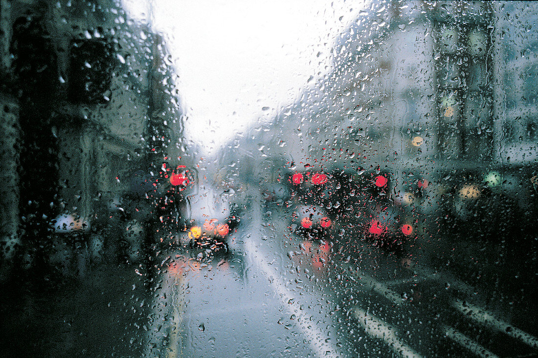 Rainy bus front window. London. England