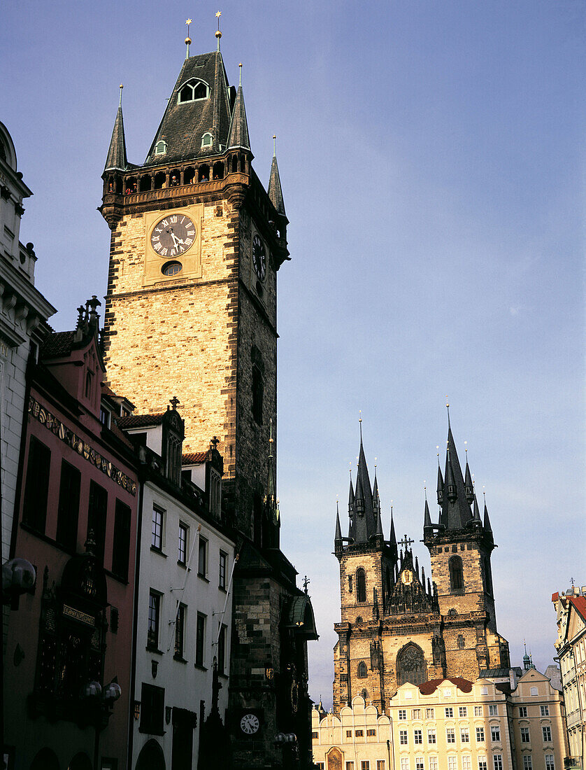 Old Town square, city hall belfry and Tyn Cathedral. Prague. Czech Republic