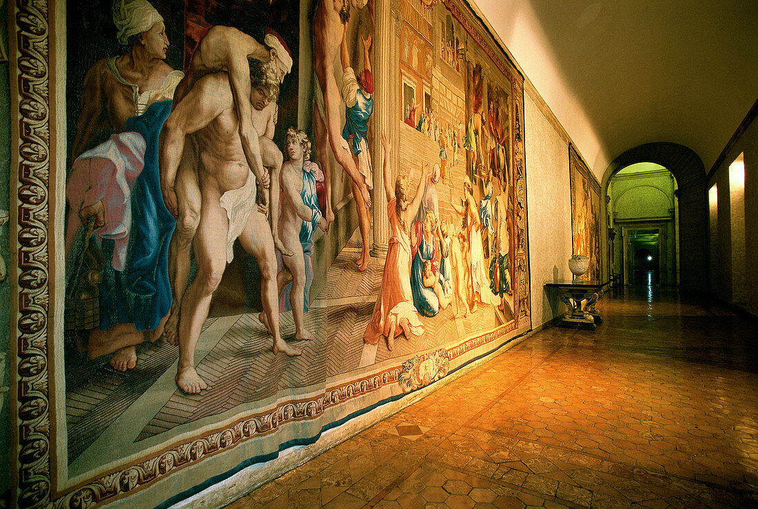 Tapestries on walls, galleries of Palazzo Farnese. Rome. Italy