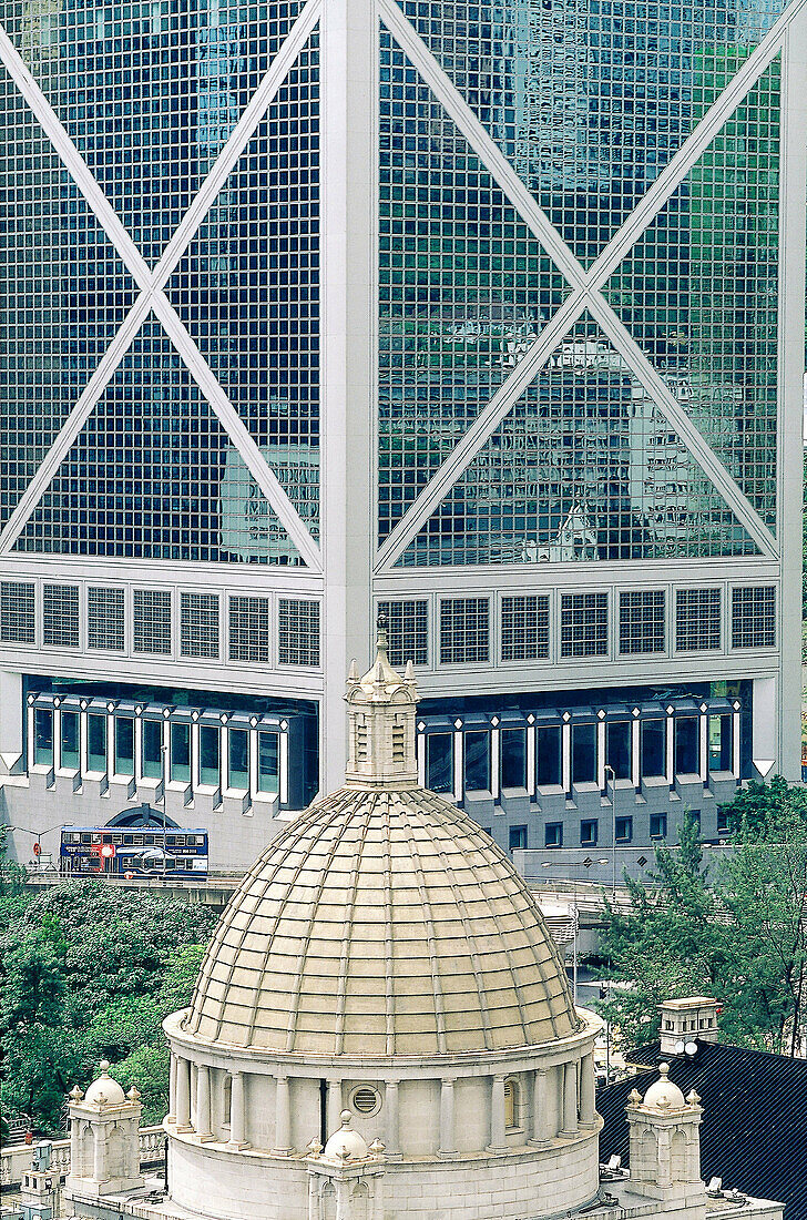 Council Building dome and at back the bank of China (arch. I.M. Pei). Hong Kong. China