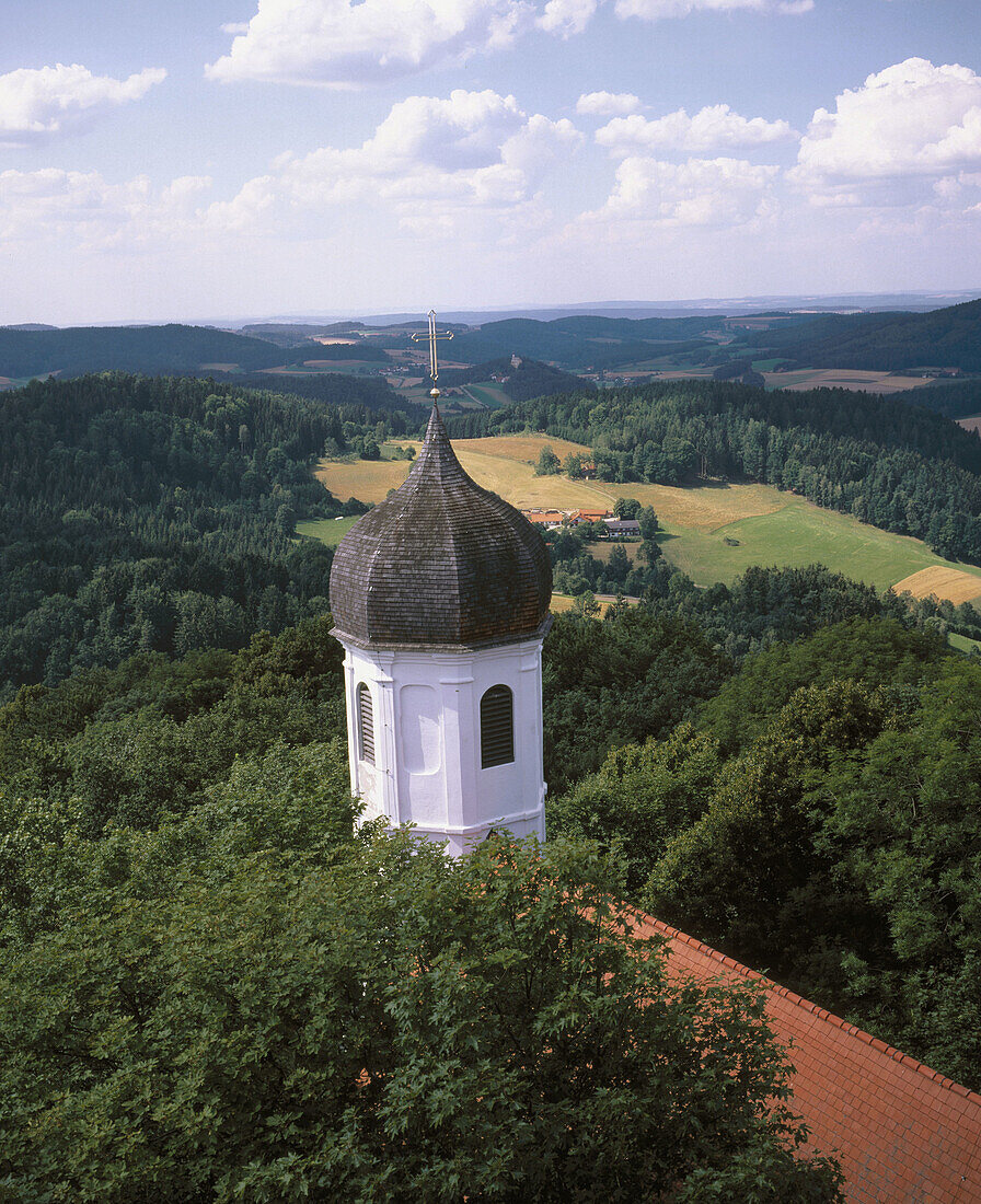 Church tower and roof in summer. Bavaria, Germany