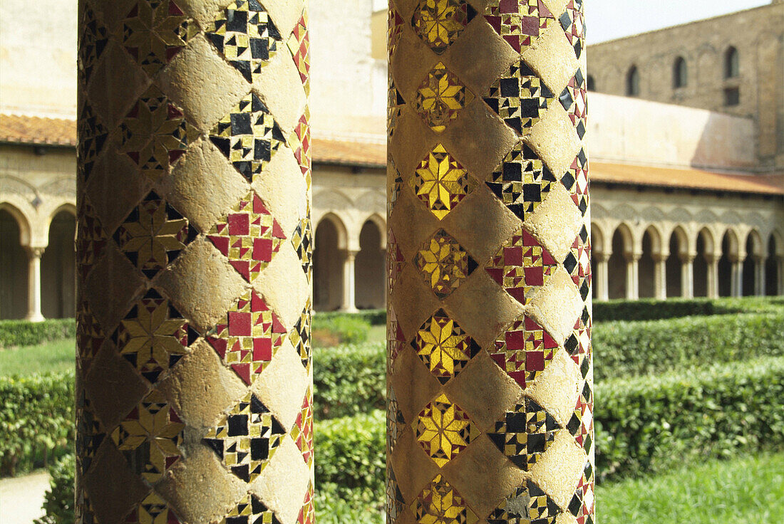 Ornate columns. Cloister. Monreale Cathedral. Palermo. Sicily. Italy