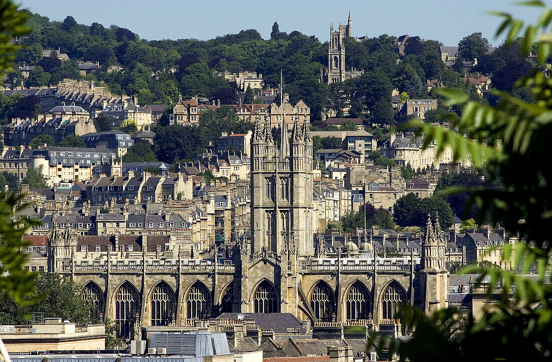 16th century abbey church of St. Peter and St. Paul and city from above. Bath. Somerset, England, UK