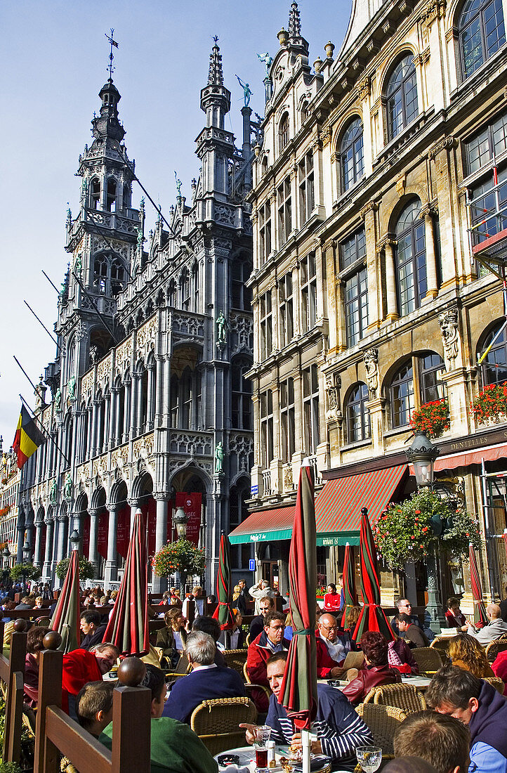 Belgium. Brussels. Grand Place. King s house or bread house with outdoor cafe in foreground