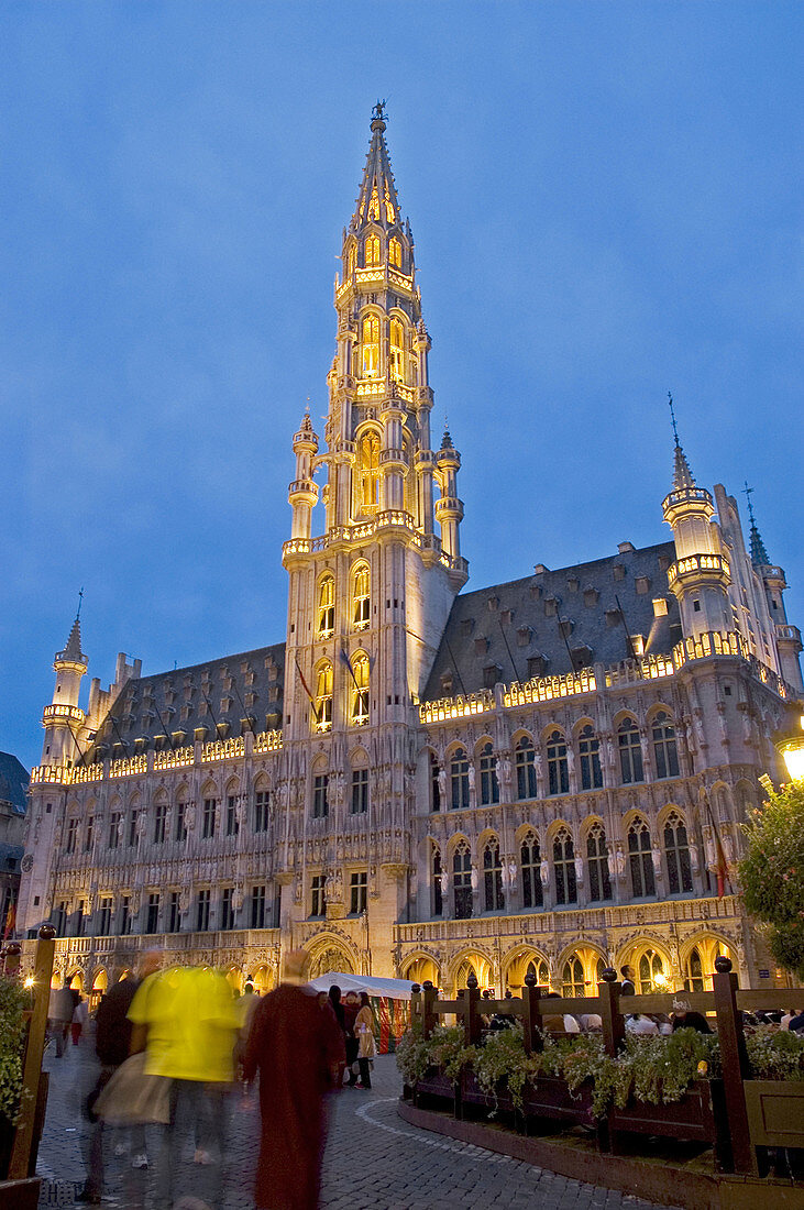 Grand Place, city hall and hotel de ville at dusk. Brussels. Belgium