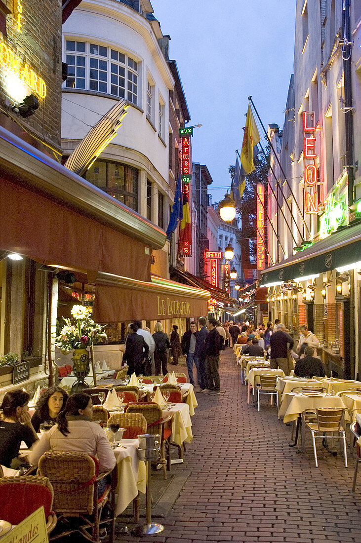 Belgium. Brussels. Restaurant street with chez leon