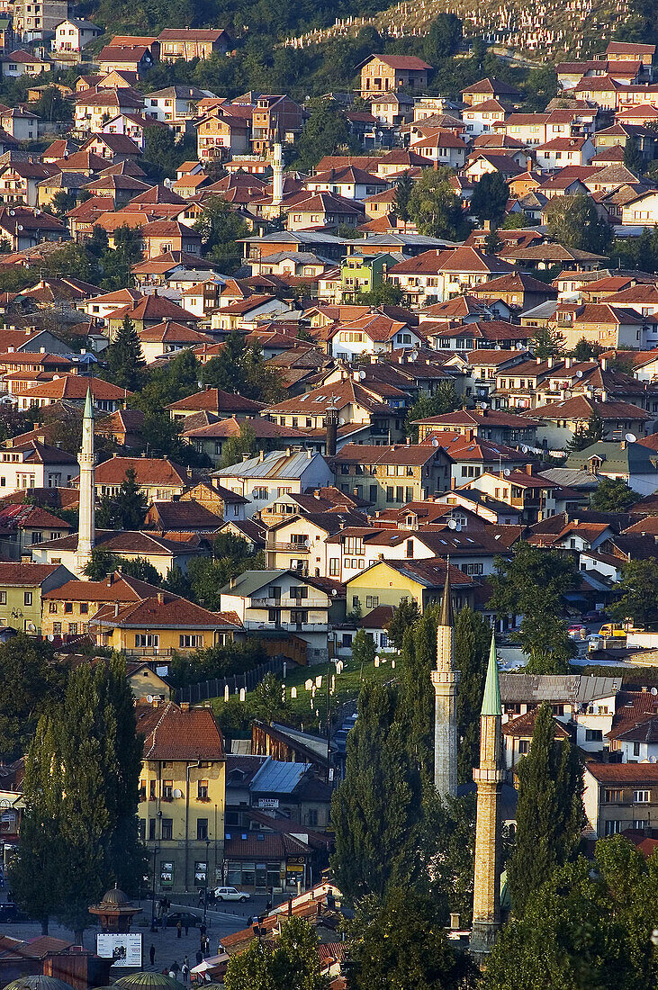 Bosnia-Hercegovina, Sarajevo, panoramic view of mosques and minarets in Turkish quarter