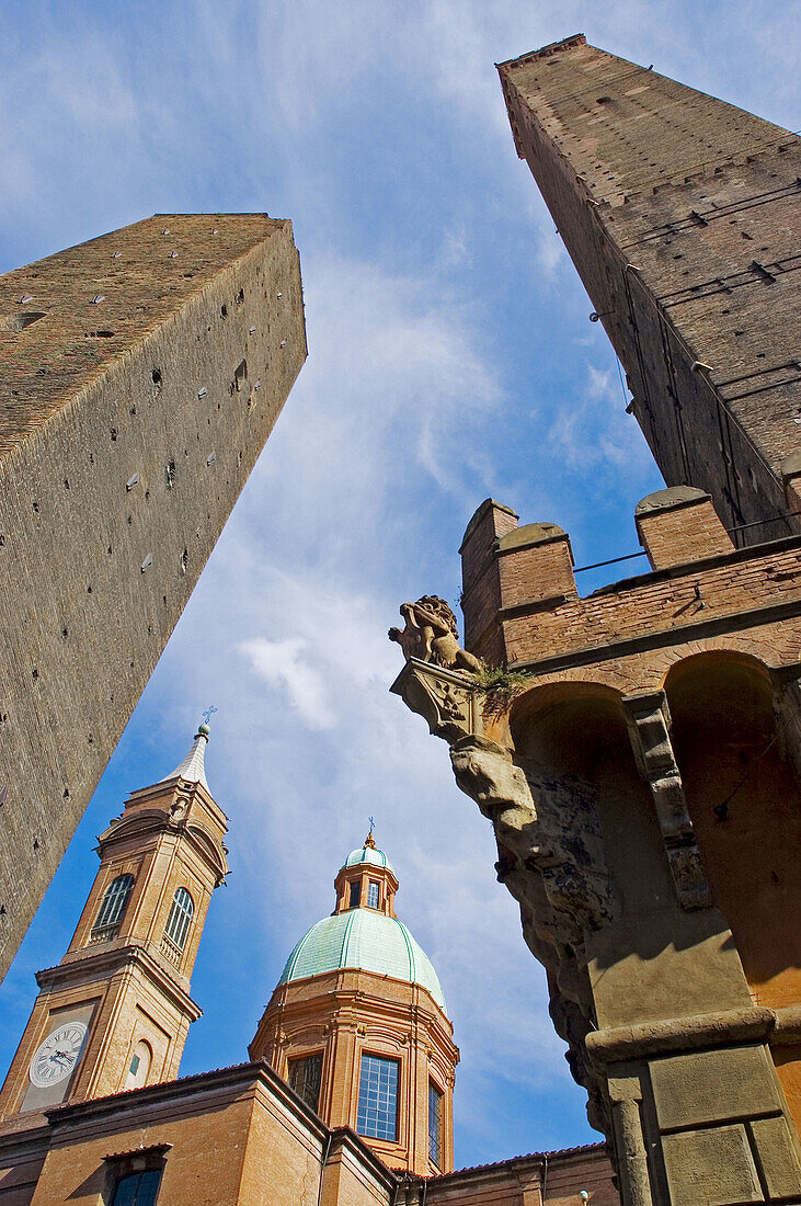 Garisenda and Asinelli towers. Bologna. Emilia-Romagna. Italy