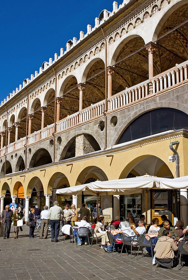 Italy, Veneto. Padua, Piazza delle Erbe. Salone or Palazzo della Ragione with café