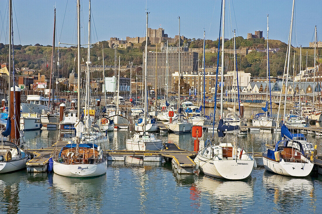 UK, Kent. Dover, marina and castle