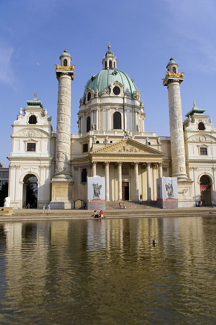 Europe, Austria, Vienna, Karlsplatz, Karlskirche reflection