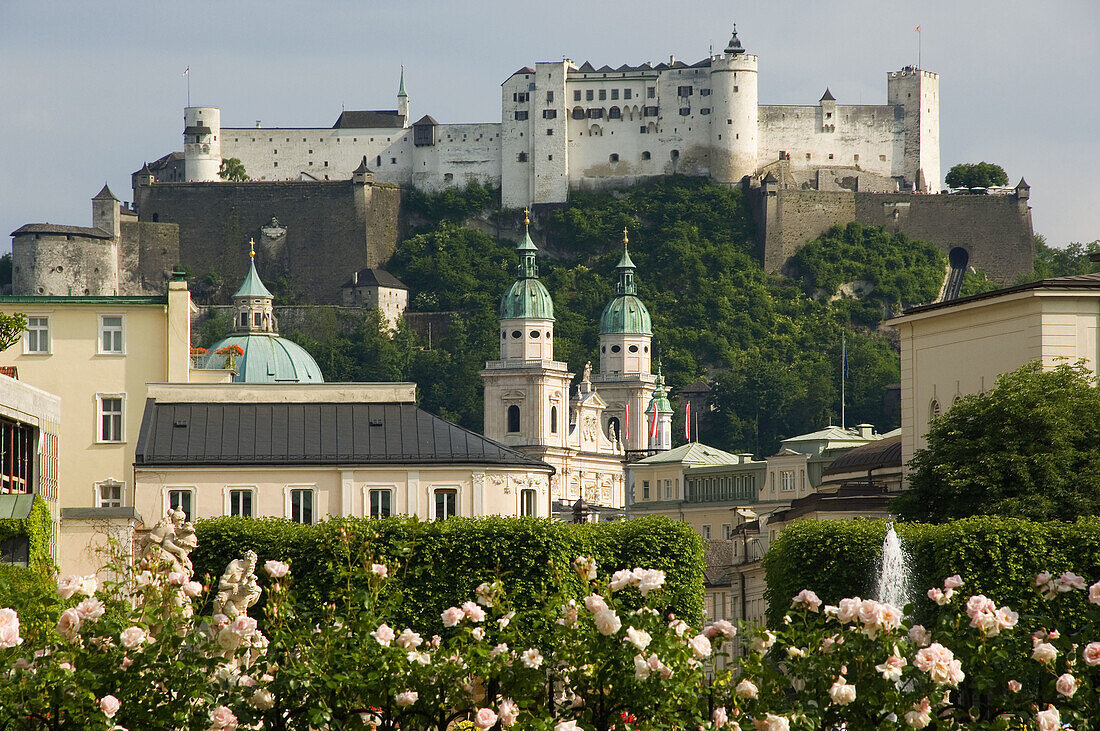 Austria, Salzburg, Mirabell Gardens and Schloss Hohensalzburg