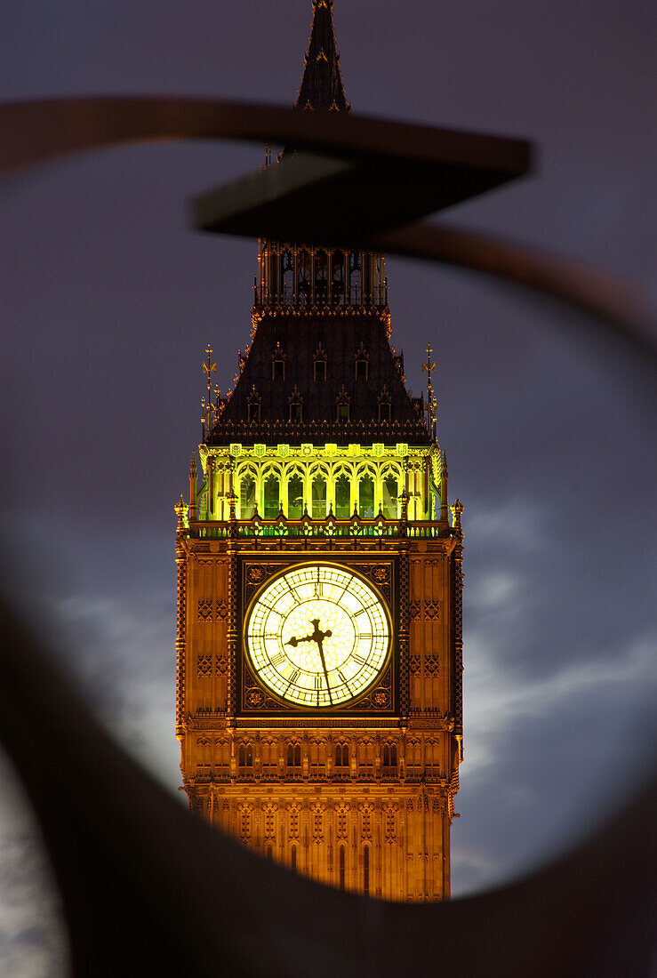 England, London, fountain sculpture and Big Ben at sunset