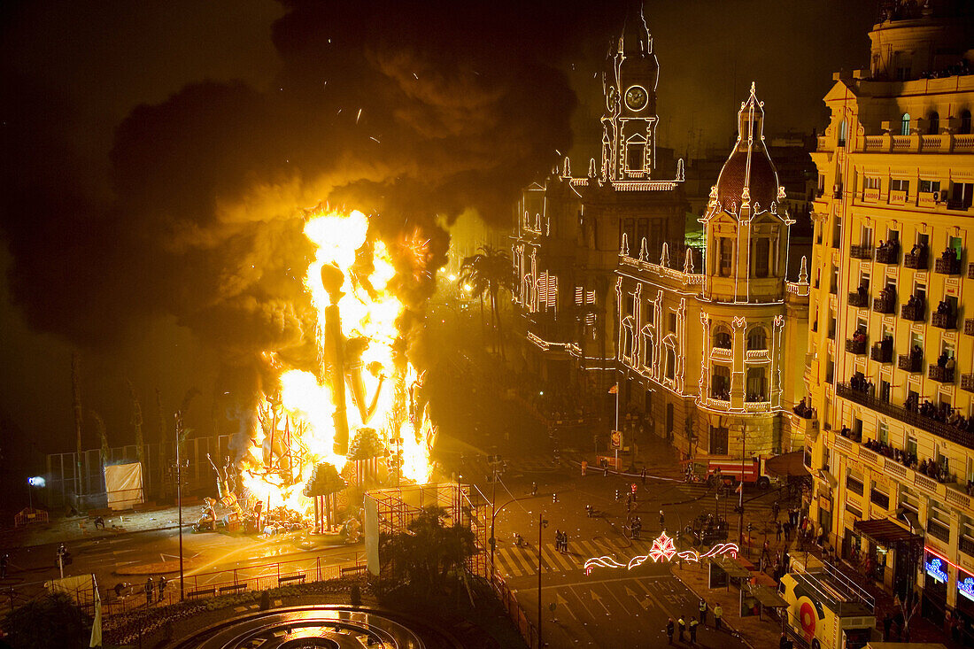Fallas, festive bonfires on the night of St. Joseph. Valencia city hall square, Valencia. Spain.